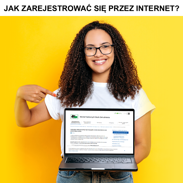 Grafika ozdobna przedstawiająca postać i tekst: Jak zarejestrować się przez Internet.