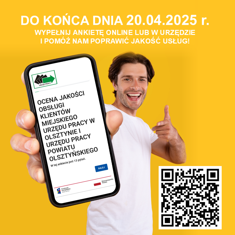 Do końca dnia 20.04.2025 r. wypełnij ankietę online lub w urzędzie i pomóż nam poprawić jakość usług. Ankieta zawiera 13 pytań. Obraz jest odnośnikiem do strony zewnętrznej z ankietą.