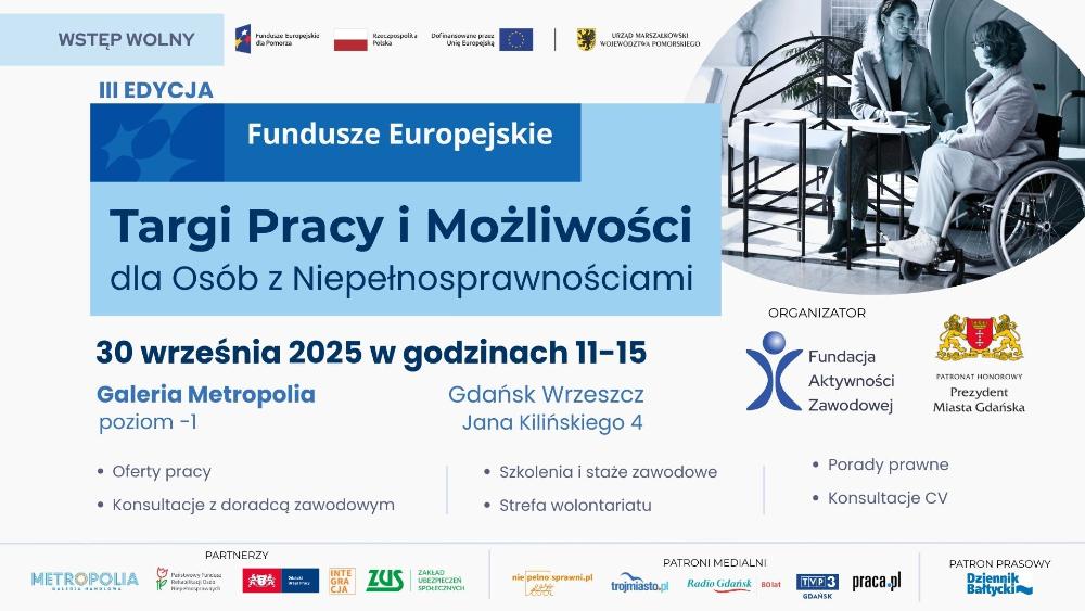 Plakat promujący III Targi Pracy i Możliwości dla osób z Niepełnosprawnościami. na plakacie znajdują się informacje nt. wydarzenia oraz logotypy partnerów