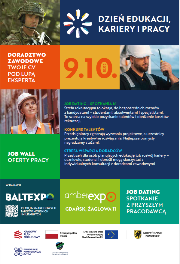 Kolorowy plakat z wizerunkiem żołnierza w mundurze, kobiety w kasku oraz odblaskowej kamizelce i mężczyzny z krótkofalówką w dłoni, promujący Dzień Edukacji, Kariery i Pracy podczas BALTEXPO