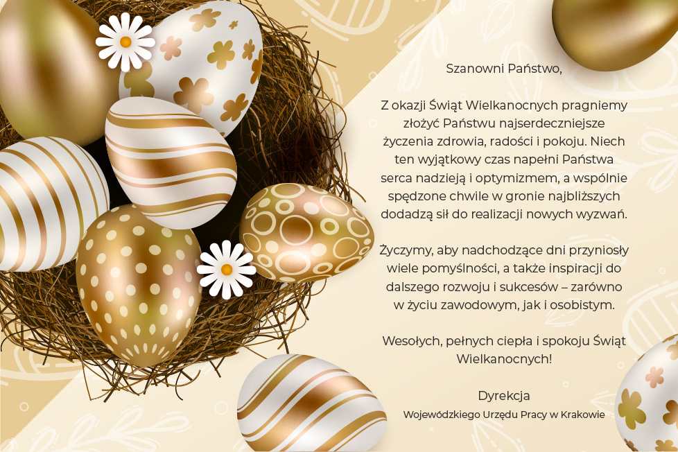 Kartka świąteczna, na niej pisanki i treść życzeń.